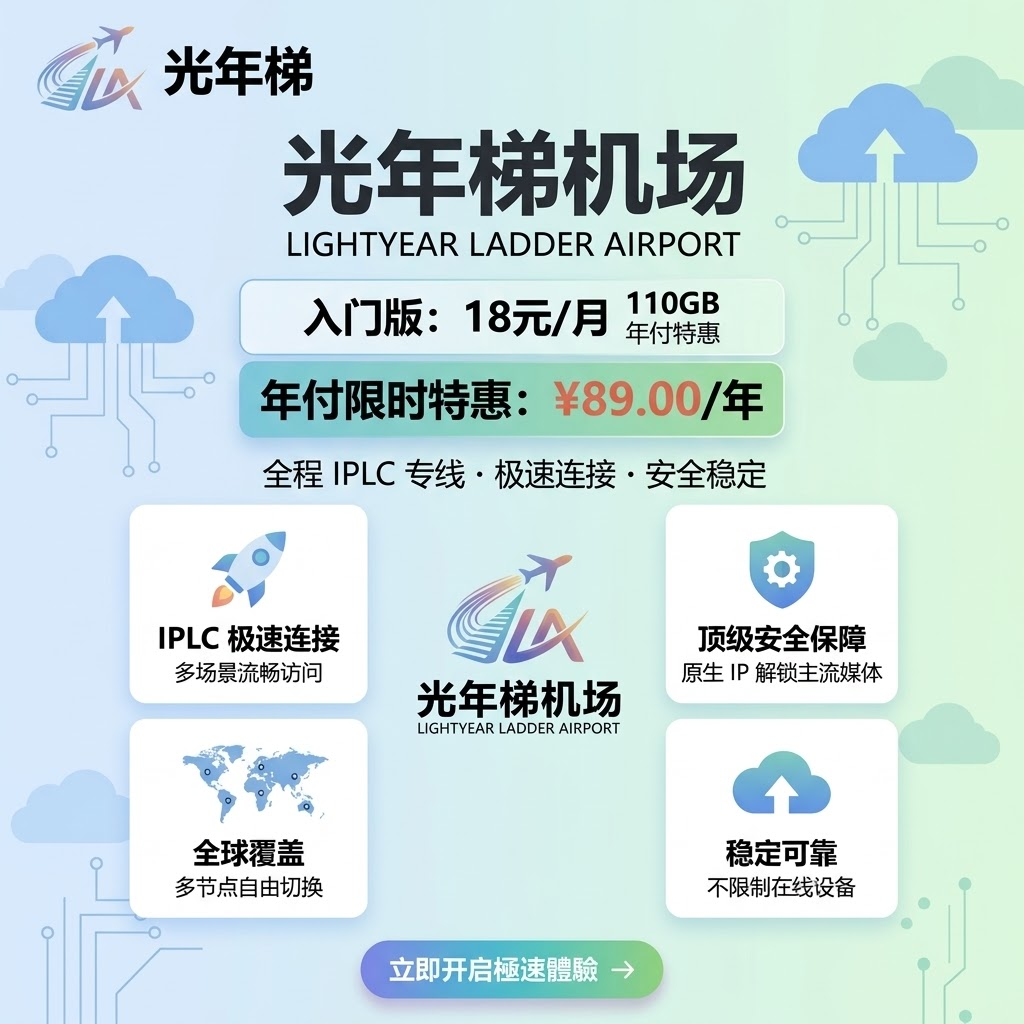 光年梯机场推广广告：图片标示入门版与年付活动信息